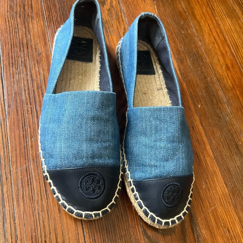 Tory Burch Blue Denim & Black Leather Espadrilles